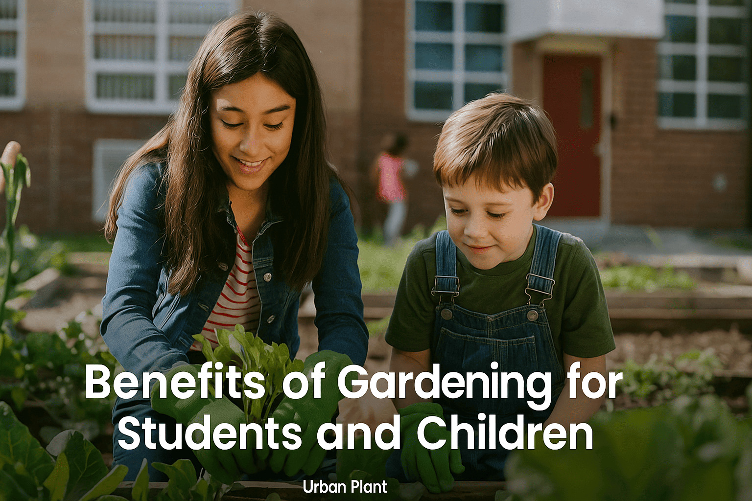 Urban Plant – School-age girl and young boy gardening together in a raised bed garden, wearing gloves, smiling and learning, showing the benefits of gardening for students and children.